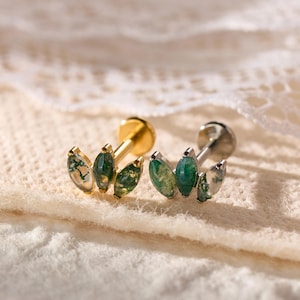 Titanium Moss Agate Labret Stud Earrings • Flat Back Earrings • Helix Earring • Tragu • Cartilage Earring • Nose Ring • Gift for Her