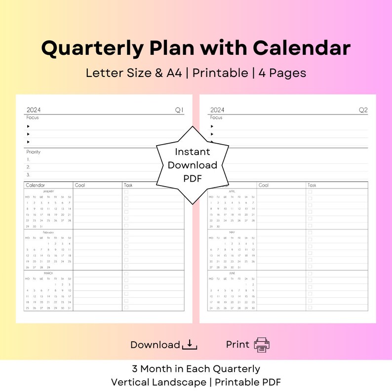 Quarterly plan with calendar vertical printable minimal style 3 months