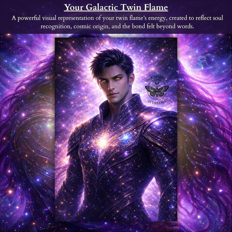 Twin flame reading PDF artwork with channeled psychic insight, love and past life connection, starseed spiritual guidance