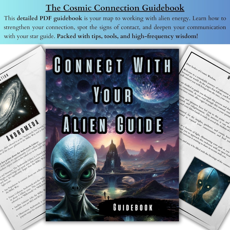 A full digital spirit guide package including an Alien Spirit Guide Reading, a channeled ufo art portrait, a guided audio meditation and a connection guidebook, created to help you explore your spiritual path, understand your guide’s presence and build confidence in your intuitive abilities.