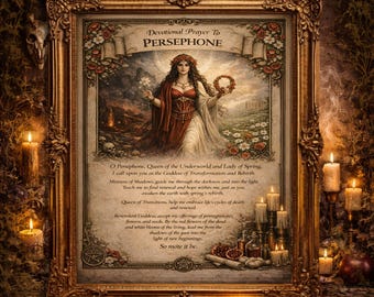Art mural Perséphone imprimable - autel de la déesse, renaissance et transformation, oeuvre d'art spirituelle féminine sombre, déesse des enfers, page du grimoire