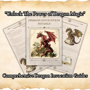 May include: A stack of printed guides with the text "Dragon Invocation Rituals" and "Comprehensive Dragon Invocation Guides". The guides feature illustrations of dragons, including a red dragon perched on a rock. The text "Unlock The Power of Dragon Magic" is at the top.