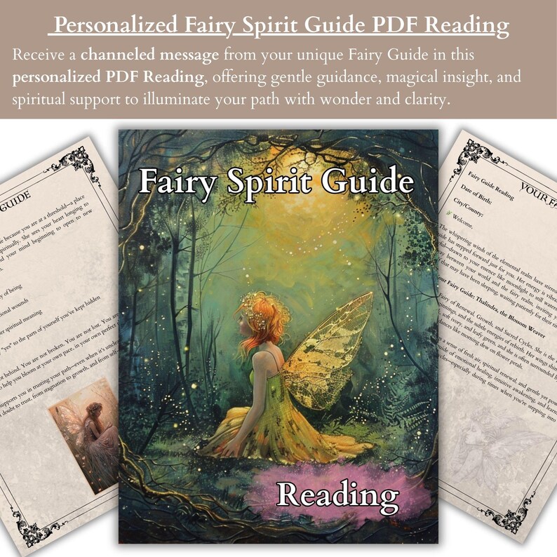 Personalized fairy psychic reading PDF with a channeled message from your unique spirit guide, offering insight, spiritual guidance, and fae wisdom.