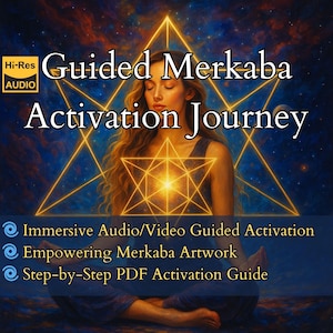 Może przedstawiać: Przewodnik po medytacji, która ma na celu aktywację Merkaby, świętego geometrycznego pola energii. Obraz przedstawia kobietę medytującą z lśniącą złotą Merkaba za nią. Na górze obrazu widnieje tekst "Guided Merkaba Activation Journey". Obraz zawiera również tekst "Immersive Audio/Video Guided Activation", "Empowering Merkaba Artwork" oraz "Step-by-Step PDF Activation Guide".