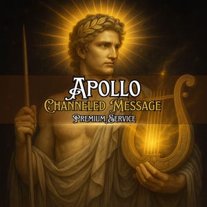 May include: An artistic depiction of Apollo, the Greek god, holding a lyre and a spear. The image features the text "Apollo Channeled Message Premium Service" in a gold, ornate font, set against a dark background with a golden glow.