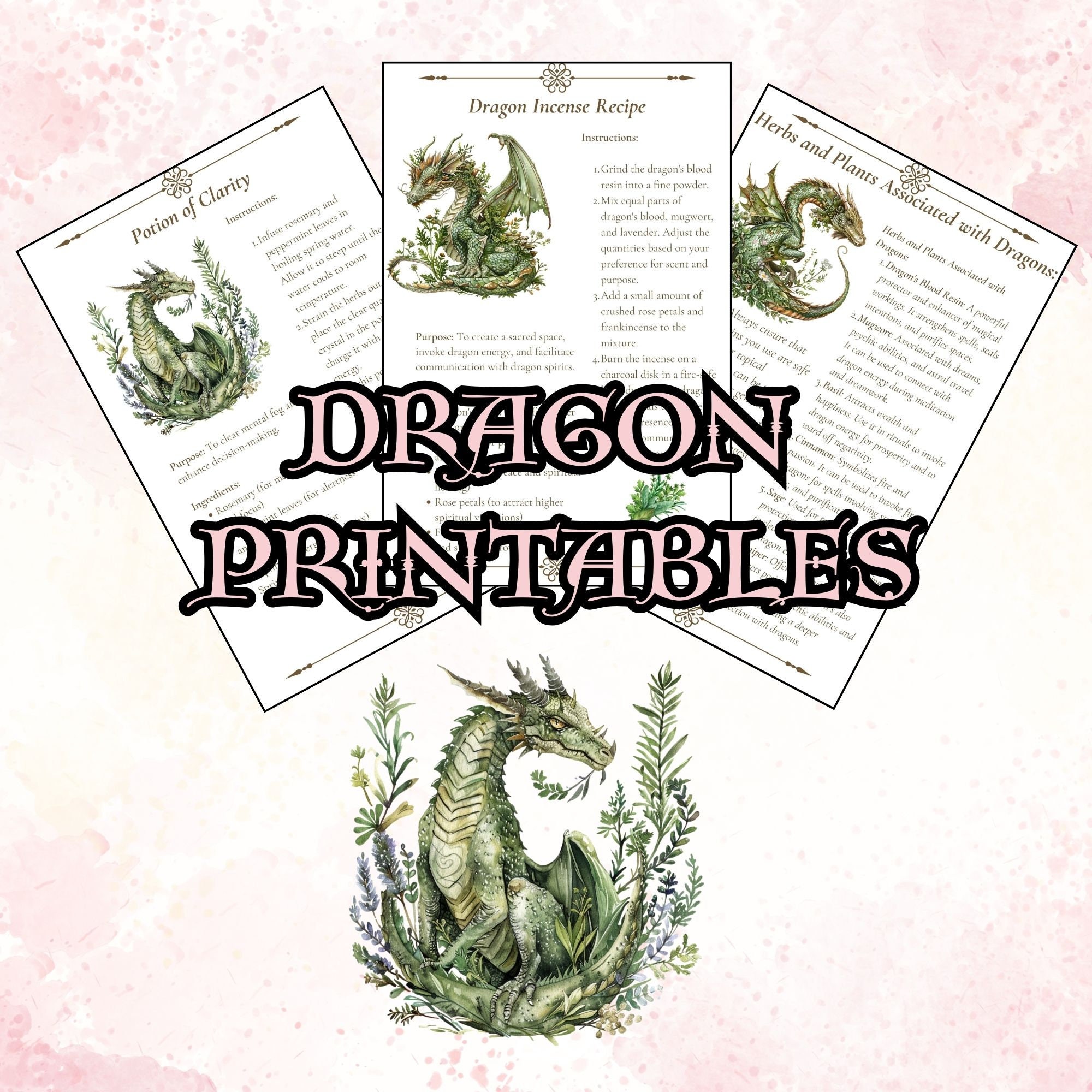 Dragons & Herbs 10 Printable Grimoire Pages Instant PDF Download for