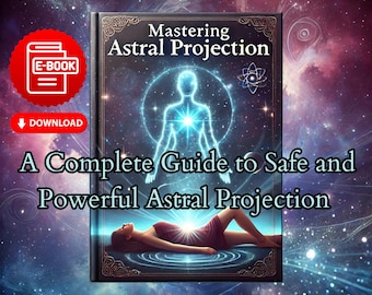 Puede incluir: Una portada de libro electrónico con un fondo de galaxia azul y morado. La portada presenta un libro con el título "Dominar la proyección astral: Una guía completa para una proyección astral segura y poderosa".