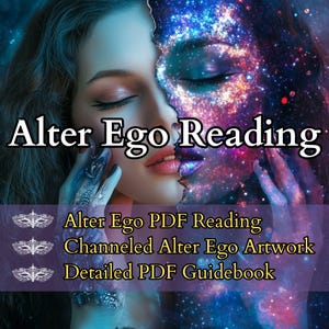 Op de afbeelding: Digitaal kunstwerk met een gespleten gezicht, de ene kant realistisch en de andere een kosmische melkweg. Tekst luidt "Alter Ego Reading" met extra tekst: "Alter Ego PDF Reading, Channeled Alter Ego Artwork, Detailed PDF Guidebook."