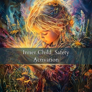 Op de afbeelding: Een artistiek digitaal schilderij toont een jong kind met blond haar, omringd door levendige bloemen en bladeren. De tekst "Inner Child Safety Activation" wordt onderaan de afbeelding weergegeven.