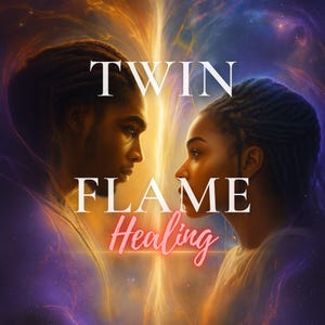 May include: Digital art featuring two people facing each other, with the words "TWIN FLAME Healing" in white and pink. The background has a cosmic, ethereal design with shades of purple, gold, and orange, creating a spiritual or romantic theme.