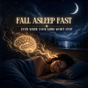 Könnte beinhalten: Digitales Kunstwerk, das eine friedlich schlafende Frau in einem dunkelblauen Bett unter einem Nachthimmel mit einem Halbmond zeigt. Der Text "FALL ASLEEP FAST" und "EVEN WHEN YOUR MIND WON'T STOP" ist über der Frau zu sehen.