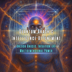 May include: Digital artwork depicting a bald figure with a glowing forehead, with the text "Quantum Akashic Intelligence Attunement." The background features a cosmic, geometric design with vibrant colours.