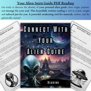 A complete alien guide connection experience featuring a personalised reading, channeled artwork of your guide, a soothing guided meditation and a practical guidebook with steps for recognising signs, strengthening your intuition and deepening your spiritual connection.