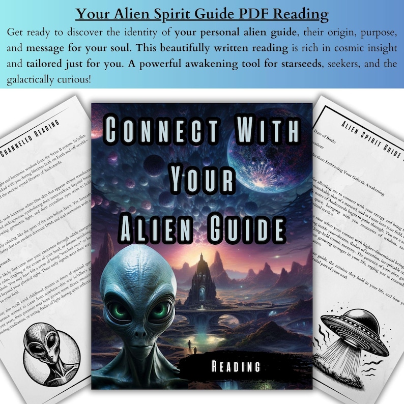 A complete alien guide connection experience featuring a personalised reading, channeled artwork of your guide, a soothing guided meditation and a practical guidebook with steps for recognising signs, strengthening your intuition and deepening your spiritual connection.