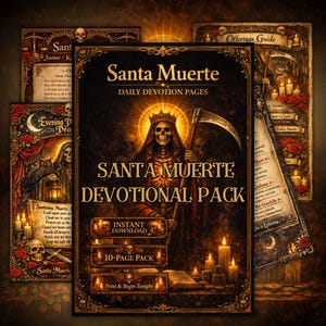 May include: A Santa Muerte devotional pack with daily devotion pages. The cover features an illustration of a skeleton figure with a crown and scythe. The pack includes an instant download and a 10-page pack. Additional cards with text and illustrations are also visible.