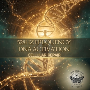 May include: An artistic digital graphic with a golden DNA double helix and a human figure. The text reads "528HZ FREQUENCY DNA ACTIVATION CELLULAR REPAIR". A logo with a moth and the words "Your Spiritual Activation" is in the lower right corner.