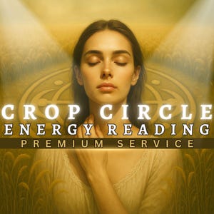 May include: A digital illustration featuring a woman with closed eyes, set against a backdrop of wheat fields and a crop circle design. The text "CROP CIRCLE ENERGY READING PREMIUM SERVICE" is displayed in bold letters.