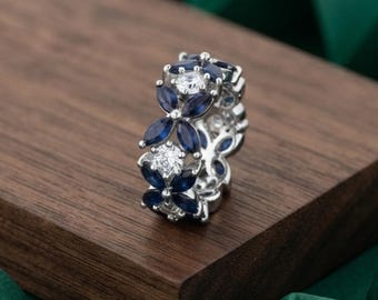 Floral Style Sapphire Wedding Band, Alternative Blue Marquise & Round CZ Stone Full Eternity Band, Stackable Engagement Band Ring For Women