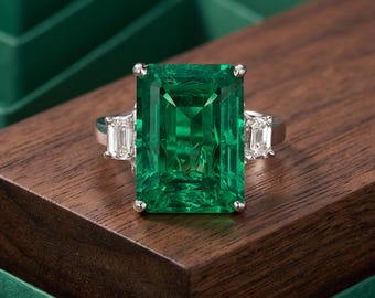 Emerald Cut CZ Engagement Ring: Green & White Stone, 925 Silver