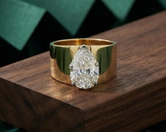 Solitaire Teardrop Ring, Wide Cocktail Party Wear Ring, Pear Cut Moissanite Diamond 14K Gold Ring, Unique Wedding Engagement Ring For Women