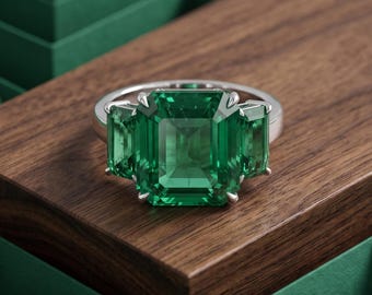Elegant Green Emerald Cut CZ Stone Wedding Bridal Ring, Three Stone Engagement Ring For Her, Cocktail Party Wear Ring, Women's Gemstone Ring