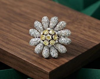 Beautiful Sunflower Ring, Floral Motif Cocktail Party Wear Ring For Women, Yellow & White Round CZ Stone Nature Inspired Ring, Wedding Ring