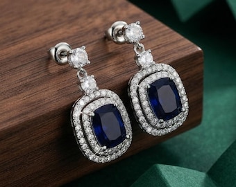 Sapphire Cushion Cut CZ Stone Engagement Earring, Double Halo Push Back Earring, Drop Dangle Party Wear Earring, 925 Silver Gemstone Earring