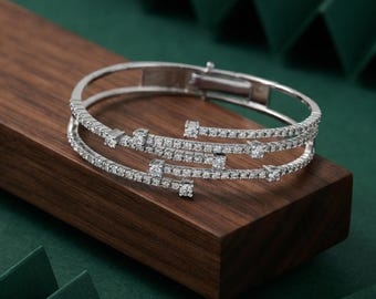 Round Moissanite Diamond Fireworks Bangle Bracelet, Multi Row Floating Diamond Cuff Bracelet, Three Row Bangle, Wedding Gift Bangle Bracelet