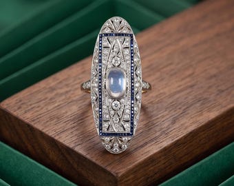 Antique Art Deco Lozenge Dinner Ring, Edwardian Cabochon Moonstone Ring, Sapphire CZ Stone Cocktail Party Wear Ring, Silver Wedding Jewelry