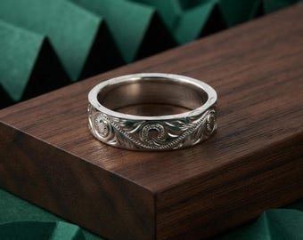 Embossed Vine Band, Antique Engraved Flower Leaf Motif Band, Women's Stackable Wide Band, Art Deco Wedding Ring, Anniversary Gift For Wife