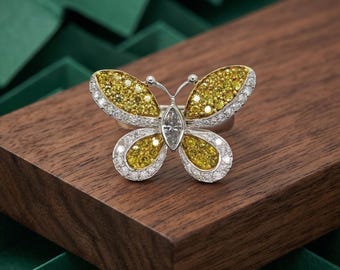Butterfly Ring For Women, 925 Silver Butterfly Jewelry, Yellow CZ Stone Nature Inspired Ring, Insect Ring For Her, Cocktail Party Wear Ring