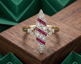 Art Navette Shape Dinner Ring, Antique Art Deco Ruby CZ Stone Wedding Ring, Two Tone Leaf Motif Ring, Victorian Party Wear Ring,Gift For Mom