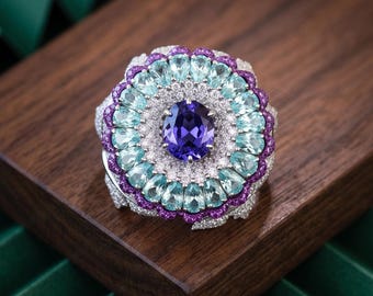 Luxurious Floral Statement Ring, Multi Gemstone Halo Ring, Multi Shape CZ Stone Nature Inspired Leaf Cocktail Ring, Silver Party Wear Ring