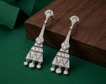 Antique Art Deco Drop Earrings, Vintage Style Dangle Earrings, Round Moissanite Diamond Chandelier Earrings, Bridal Jewelry, Wedding Earring