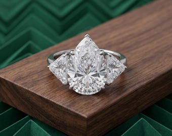 Past Present Future Wedding Ring, Pear & Trillion Cut Moissanite Diamond Trilogy Ring, Three Stone Cocktail Ring, Women's Party Wear Ring