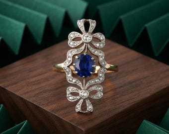 Bow Motif Art Nouveau Ring, Vintage Bow Style Engagement Ring For Her, Blue Cushion CZ Stone Victorian Dinner Ring, Two Tone Cocktail Ring