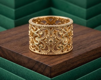 Antique Floral Inspired Filigree Band, Cocktail Wide Band Ring, Victorian Openwork Ring, 14K Gold Flower Engagement Band, Retro Wedding Band