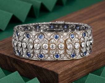 Art Deco Milgrain Bracelet, Sapphire & White Round CZ Stone Tennis Bracelet, 925 Silver Edwardian Bracelet For Women,Wedding Bridal Bracelet