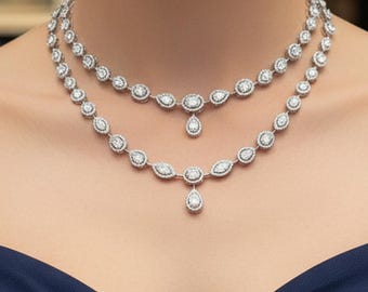 Diamond Wedding Jewelry Set, Halo Oval And Pear CZ Stone Necklace & Earrings Suite, Bridal Necklace Set, Bridesmaid Gift,Party Wear Necklace