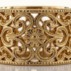 Antique Floral Inspired Filigree Band, Cocktail Wide Band Ring, Victorian Openwork Ring, 14K Gold Flower Engagement Band, Retro Wedding Band