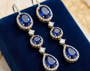 Sapphire Dangle Earrings, Halo Teardrop Earring, Multi Shape CZ Stone Lever Back Drop Earring, Women's Wedding Engagement Earring In Silver