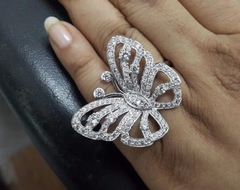 Prachtige vlinderinspirerende cocktailring, 925 zilveren ring insect-insecten, ronde moissaniet-diamant ring voor dames feestkleding, verlovingsring