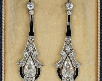 Belle Epoque Onyx Earring, Vintage Style Long Dangle Earring For Her, Multi Shape CZ Stone Art Deco Drop Earring, Wedding Bridal Earring