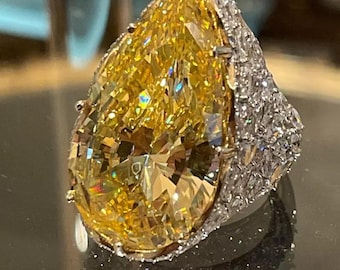 Yellow Pear CZ Cocktail Ring: 925 Sterling Silver Teardrop Bridal Jewelry