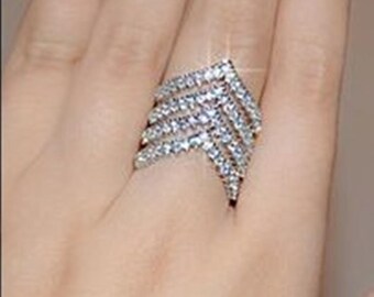 Multi Row V Shape Chevron Band Ring, Cocktail Party Wear Ring For Women, 14K Gold Round Moissanite Diamond Unique Wedding Ring, Gift For Mom