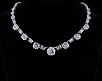 Graduated Diamond Tennis Necklace, Emerald & Round Cut Bridal Choker Necklace, 925 Silver Wedding Jewelry, Anniversary Gift Necklace For Her