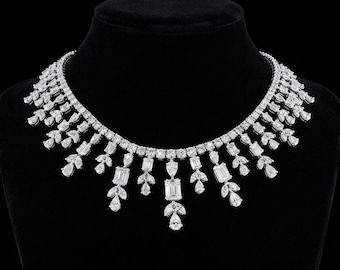 Luxury Waterfall Fringe Necklace, Pear And Marquise Cut CZ Stone Bridal Choker Necklace, 925 Silver Wedding Jewelry, Party Wear Necklace