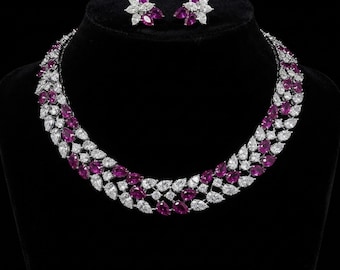 Ruby CZ Stone Floral Necklace Set, 925 Silver Bridal Choker Necklace, Luxury Pink Gemstone Necklace And Earrings, Wedding Party Jewelry