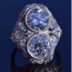 Art deco twee stenen trouwring, oude Europees geslepen moissaniet diamant filigraanring, vintage geïnspireerde verlovingsring, antieke kerstcadeau