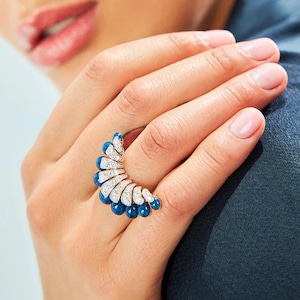 Cabochon & Round CZ Stone Wedding Ring, Blue Sapphire Unique Cocktail Ring, Designer Party Wear Ring For Women, Gemstone Engagement Ring